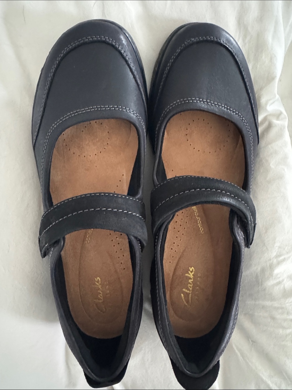 Clarks Black Leather Mary Jane Flats with Adjustable Strap